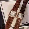 24mm 27mm Cuir Marron Réservoir Montre-Bracelet Femmes Hommes Géométrique Numéro Romain Montre Couples Rectangle Verre Montres Femme Mâle Saphir283H