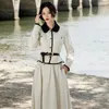 Sukienki robocze Yosimi Vintage Elegancki dwuczęściowy garnitur 2023 Autumn/Winter Long Rleeve Spódnica i górne panie Dwuczęściowe stroje