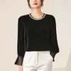 Damesblouses Vintage echte zijde fluwelen overhemd Kralen Patchwork Lange mouw Elegant voor dames Tops Herfst Winter Zwarte blouse