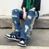 Herr jeans 2023 grunge kläder y2k streetwear baggy staplade rippade byxor för män lapp broderi hip hop jenim byxor ropa hombre 230907