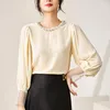 Damesblouses Vintage echte zijde fluwelen overhemd Kralen Patchwork Lange mouw Elegant voor dames Tops Herfst Winter Zwarte blouse