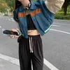 Deeptown Vintage Bruin Bijgesneden Jas Vrouwen Koreaanse Stijl Streetwear Lange Mouw Top Patchwork Brief Amerikaanse Bomberjack