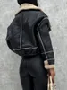 Women Faux Leather Biker Jacket with Fur Trimmed Collar Vintage Moto Coat Warm Winter Outerwear 230908