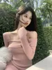 Casual Dresses 2023 Korean Fashion Pink Strap Off Shoulder Dress Women Autumn Slim Fit Design Feel Knitted Waist Wrap Hip Female Clothes