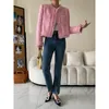 Women's Jackets Pink Fringe Fur Shoulder Pad Tweed Jacket Blazer Boucle Crop Coat for Women Spring 230908