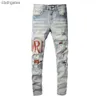 Street Amiirii Jeans viola Moda uomo Jean 2023 Demin 840 Moda Hole Patch Pantaloni alti e sottili Denim