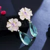 Boucles d'oreilles pendantes trois grâces de luxe rose vert CZ cristal grande goutte d'eau suspendue longue fleur pour femmes bijoux de bal de mariage ER663