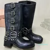 Designer -Belt Buckled Cowhide Leather Biker Knee Boots Chunky Heel Zip Knight Boots Fashion Square Toe Ankle Booties For Women Luxury Designer Shoes Factory