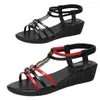 Sandalen Schwarz/Rot Schwarz Goldene Ringe T-Riemen Keilabsatz Atmungsaktiv Bequem Für Outdoor-Bekleidung Vielseitig Damen