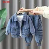 Kläder sätter mantel denim musim semi pakaian anak anak gugur luar anak laki laki set celana jaket bayi biru hitam dua potong 2 9y 230907