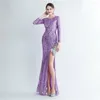 Casual Kleider Hohe Qualität Pailletten Frauen Lange Abendkleid Elegante Schlanke Taille Seite Schlitz Robe Hülse Paket Hüfte Dame Cocktail kleid