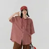 Deeptown Vintage Red Check Shirts Women Korean Style Oversize Plaid Blouse Hippie Harajuku Streetwear Long Sleeve Top Button Up