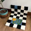 Tapetes Matras Mandi Kotak kotak Retro Chessboard Karpet Bunga Lembut Grid Halus Kamar Samping Tempat Tidur Dekor Rumah Lantai Anti Selip 230907