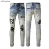 Straat 2023 Amiirii Mode Jean Paars Demin Hoge Jeans Heren Heren Gebroken Patch Slanke Legging #866