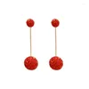 Dangle Earrings South Korea's Fashion Jewelry Festive Red Crystal Ball Pendant Long Simple Elegant Women's Dance Party Accessories