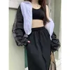 Deeptown Korean Style Oversize Patchwork Crop Jacket Women Harajuku Casual Drawstring Basic Zip Coat Vintage Streetwear Y2k Top