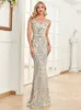 Abiti sexy urbani Lucyinlove Elegante scollo a V Abito da sera con paillettes argento Abito da donna senza maniche Maxi sirena Abito lungo da ballo di lusso 230907