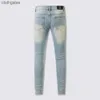 American Amiirii 2023 Purple High Jeans Demin Mens Fashion Jean Street Mud Yellow Worn Broken Hole Peel Patch Live