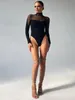 Sexy doorzichtige mesh bodysuits Mode rompertjes Dames jumpsuits Normale O-hals Lange mouw Patchwork Slanke magere rompertjes