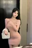 Casual Dresses 2023 Korean Fashion Pink Strap Off Shoulder Dress Women Autumn Slim Fit Design Feel Knitted Waist Wrap Hip Female Clothes