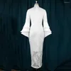 Casual klänningar elegant vit för kvinnor rund hals flare hylsa bodycon hög midja