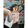 Deeptown Y2k Korean Style Grey Crop Top Women Kpop Streetwear Graphic Off Shoulder Short Sleeve Tops Harajuku Bandage Slim Tee