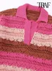 Swetery żeńskie Traf Women Modna moda nad dzianinowy Sweter w paski w paski Vintage Polo Collar krótkie rękawy pullover Chic Tops 230907