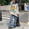 Deeptown Kpop Hippie Grunge överdimensionerad grå tröja Kvinnor Harajuku Streetwear Hollow Out Floral Cardigan Vintage Casual Jumper