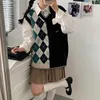 Deeptown Preppy Style Vintage Argyle Sweater Yelek Kadın Japon JK Büyük boy asimetrik örgü üst harajuku tatlı jumper kadın