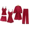 Women's sleepwear red Silk Satin 5pcs Suit Ladies Sexy Pajama Set Female Lace Pyjama Autumn Winter Home Wear nightwear For Wo256a