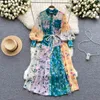 European and American haute couture lantern long sleeved printed dress with new lace up waist for slimming tea break French long skirt