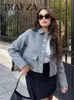 Trafza Spring Women Elegant Grey Crpped Coat Metal Button Lapel Jacket Coat Pockets Streetwear Fashion Chic Tops 230908