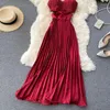 Casual Dresses Red/Yellow/Black Sexy Spaghetti Strap Dress Women Elegant Hollow Out High midje veckade Vestidos Female Party Robe 2023