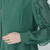 Robes décontractées 44 Momme Real Soie Boundless Stripe Vert O-Cou Volants Chemise à manches longues Épissage Courbe Hem Robe de soirée AE1852