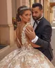 Champagne Wedding Dress 2023 Modest Ball Gown Dresses V Neck 3D Lace Appliques Ruched Bridal Gowns Plus Size Cathedral Train Royal Luxury