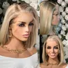 Perruque Lace Frontal Wig naturelle courte et lisse, cheveux humains, blond cendré, 13x6, avec raie latérale, à reflets HD