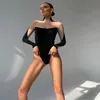 Body transparent en maille pour femme, combinaison Sexy, à la mode, col rond, manches longues, Patchwork, Slim