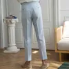 Summer Seersucker High talia proste spodnie Britiski Petty Bourgeoisie Blue Stripe Italian Casual Spodni Mężczyźni Pantelones L220702281t