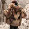 Couro masculino falso inverno quente real casaco de pele de guaxinim homens luxo com capuz natural grosso jaqueta moda outwear fm032 230908