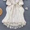 Casual Dresses Boho Vocation Summer Women V-ringning Tassel Lace Up Long Lantern Sleeve Skinny Vestidos mångsidig damklänning