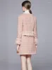 Work Dresses Pink Tweed WoolenSuit Women Elegant Hand Beading Ostrich Fur Short Jacket Coat Mini Skirt Set Winter Outfits