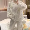 Kvinnors sömnkläder kvinnor varm fleece flanell pyjamas kostym höst vinter tjocka plysch kappbyxor set fickor bowknot korall sammet långärmad