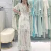 Casual Dresses Guesod Women Silk Long Dress 2023 Autumn Female V-Neck Off The Back Sleeve Designer Fairy Arrive