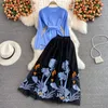 Women's Two Piece Pants Fall Retro Ethnic Ensemble Femme Female Blue Sashes Lace-Up O-neck Sweater Embroidery Mesh Skirts Sets Women