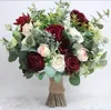 Kwiaty ślubne Eilyrosia Przyjazd Rustykalny burgundowy bukiet zielony liście różowe róże Eucalypse Ramo de boda novia wykonane na zamówienie