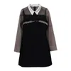 2023 Summer Black Solid Color Dress Long Sleeve Lapel Neck Tulle Rhinestonekne-längd Längd Casual Dresses S3S01M112