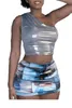 Canottiere da donna Y2K Sexy Lady Argento lucido Crop Top per le donne Colore metallizzato Una spalla Slim Bustier Canottiera Corsetto estivo senza maniche