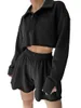 Kvinnors shorts Kvinnor S 2 Piece Outfits Lång ärm Turn-Down Collar-knappen ner Crop Top Elastic midjeuppsättning Casual Sweatsuit Set