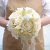 Flores decorativas sem murcha artificial rosa buquês multicoloridos realistas com fita bowknots folhas verdes elegantes para casamentos