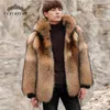 Männer Leder Faux Winter Warm Echte Waschbär Pelzmantel Männer Luxus Mit Kapuze Natürliche Dicke Jacke Mode Outwear FM032 230908